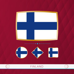 Obraz premium Set of Finland flags with gold frame for use at sporting events on a burgundy abstract background.