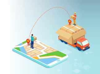 Vector of a man shopping online using mobile app and a product being delivered