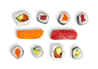 Set of sushi roll and nigiri isolated on white background, top view