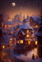 Fototapeta na wymiar Beautiful medieval town with lights in windows, night winter scene with snow, AI generated image