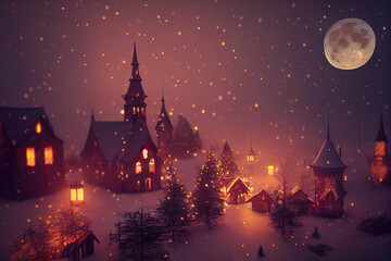 Fototapeta na wymiar Beautiful little old town decorated for Christmas, winter night with snowfall, AI generated image