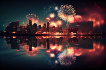 Fototapeta premium New year's eve fireworks, city skyline - generative ai