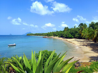 Panoramic view of tropical bay with motorboat and white sand beach of the French West Indies....