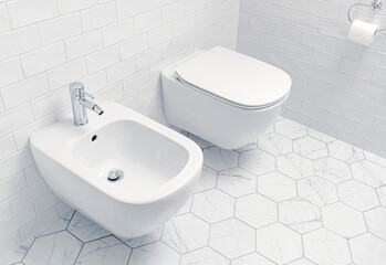 Modern bathroom - wall hung toilet and bidet. Interior design - white ceramic tiles.