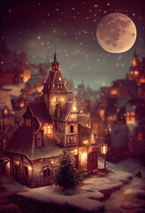 Beautiful fairy tale medieval town decorated for Christmas with a Christmas tree, night winter scene, snowfall, full moon in the sky, AI generated image