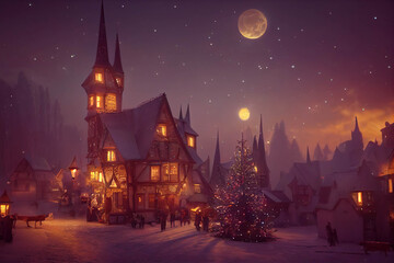 Beautiful little old town decorated for Christmas with a Christmas tree, night winter scene, snow, full moon in the sky, AI generated image
