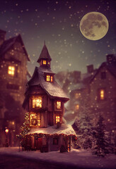 Fototapeta na wymiar Beautiful old little town decorated for Christmas, lights in the windows, snowy winter night scene, full moon, AI generated image