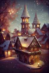 Beautiful old house decorated for Christmas, evening winter scene with snowfall, AI generated image