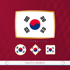Set of South Korea flags with gold frame for use at sporting events on a burgundy abstract background.
