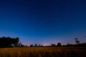 Meteor in the sky in the middle of the meadow