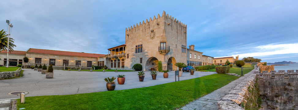 Baiona, Spain - December 05, 2022: Parador Nacional hotel in an old castle on Mount Boien the town of Baiona, Galicia, Spain
