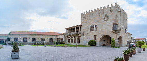 Baiona, Spain - December 05, 2022: Parador Nacional hotel in an old castle on Mount Boien the town of Baiona, Galicia, Spain