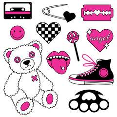 Set of elements in trendy emo goth 2000s style. Y2k pink and black objects.