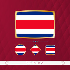 Set of Costa Rica flags with gold frame for use at sporting events on a burgundy abstract background.