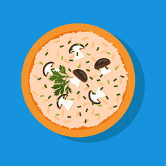Risotto with rice, mushrooms  and greens. Traditional dish isolated on blue background.