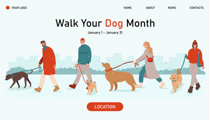 Young people walking with their dogs. Pet owners strolling with their dogs on leash. Walk Your Dog Month web banner. 