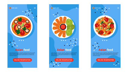 Online reservation in asian restaurant set of web banner for phone. Asian dishes on blue background.