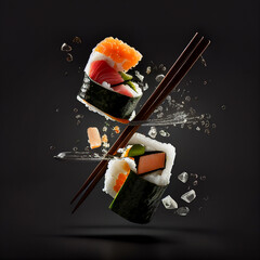 pieces of sushi with chopsticks, generative ai