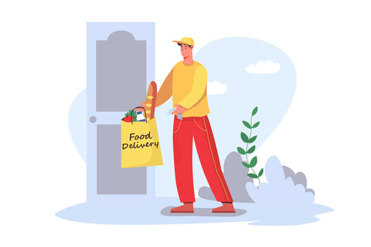 Food delivery concept in flat design. Man courier carries package of groceries and gives order at door of customer house. Fast shipping and distribution. Illustration with people scene for web