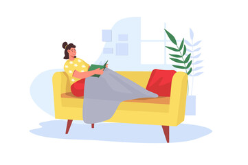 People reading book concept in flat design. Happy woman reading novel while sitting on cozy sofa at home. Young girl reader enjoys literature at leisure. Illustration with people scene for web