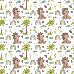 Dinosaur seamless pattern footprint tracks. Minimal color background with paw, stones, rainbow. Dinosaur footprint seamless pattern perfect for textile, wrap and wallpaper and design.