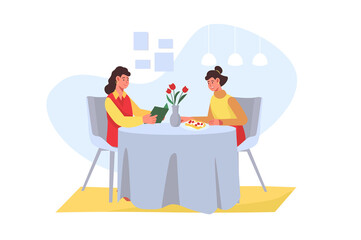 Restaurant concept in flat design. Women sit at table in cafe, talking, choose dish from menu and have dinner together. Friendly or romantic meeting. Illustration with people scene for web