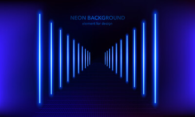 Podium, road, pedestal or platform with neon luminous rays on blue background. Stage with scenic lights. Abstract neon background. Neon magic lights line. Motion shine blue. Vector illustration