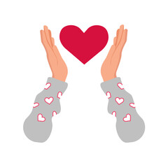Heart in hands. Shape of heart in human hand. Valentine's day. 