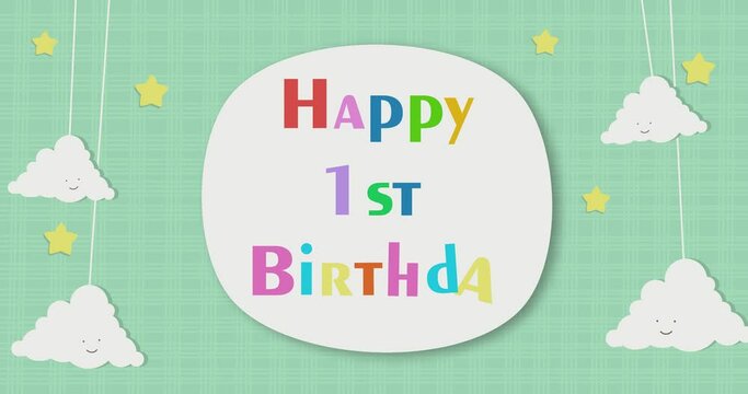 Baby first birthday text with floating cute clouds motion graphic animation for background video or screensaver. 