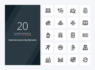 Fototapeta na wymiar 20 Hotel Services And City Elements Outline icon for presentation