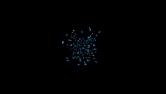 Volumetric 3d blue stars exploding on black background with Alpha Channel. Abstract festive for advertising, congratulations, text, mother day, Valentine, Christmas. 3d animation