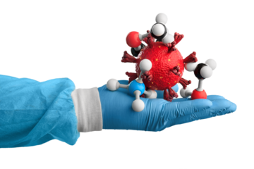 COVID  vaccine vial for prevention, doctor hand with virus molecule