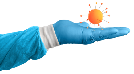 COVID  vaccine vial for prevention, doctor hand with virus molecule