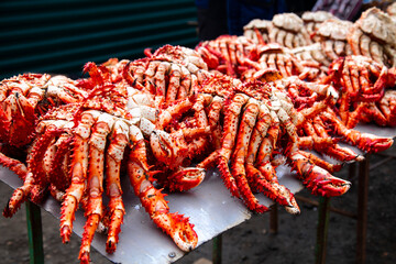 red sea ocean king crabs on the counter at the market © karyakinvitaliy