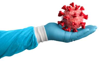 COVID  vaccine vial for prevention, doctor hand with virus molecule