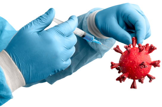 Coronavirus concept. Medical hand in golves infection with Virus.