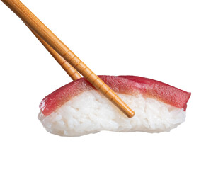 Tuna sushi nigiri in chopsticks