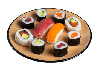 Plate of sushi and nigiri roll