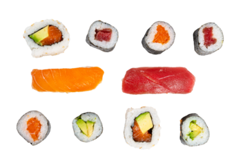Set of sushi roll and nigiri, top view