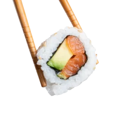 Zelfklevend Fotobehang Sushi bar sushi roll in chopsticks