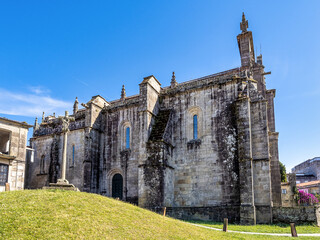 Facade with reliefs of Saint Mary the Bigger, basilica and church in Pontevedra, Galicia, Spain