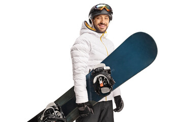 Man in a jacket holding a snowboard