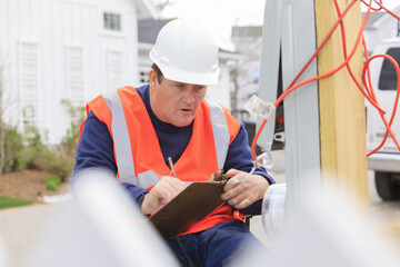Construction engineer with spinal cord injury taking notes at temporary utility box