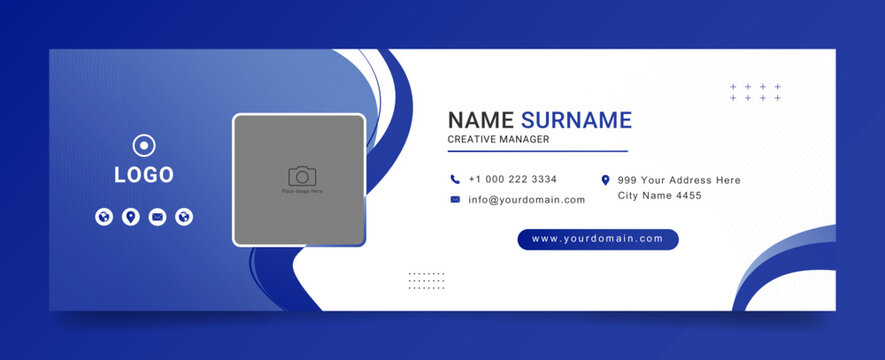 Business email signature with an author photo place modern and creative layout with white and blue color design
