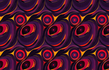 Seamless tiles, seamless background with circles and swirls, retro style, orange, yellow, purple, black, illustration, digital