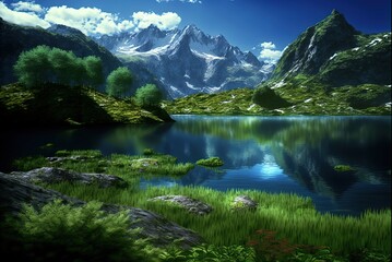 Naklejka na ściany i meble Mirror surface lake reflect scenic of mountain peak in the morning light