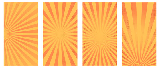 Fototapeta premium Vector set of vertical retro sunburst posters template. Orange retro backgrounds