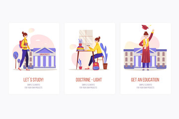 Education concept onboarding screens. Student studying at university, learning and graduating with diploma. Modern UI, UX, GUI user interface kit with people scene for web design.