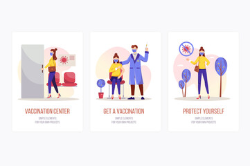 Fototapeta premium Vaccination concept onboarding screens. Woman goes to center and receives immune protection against viruses. Modern UI, UX, GUI user interface kit with people scene for web design.
