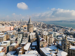 Galata Tower in the Winter Season Drone Photo, Galata Beyoglu, Istanbul Turkey